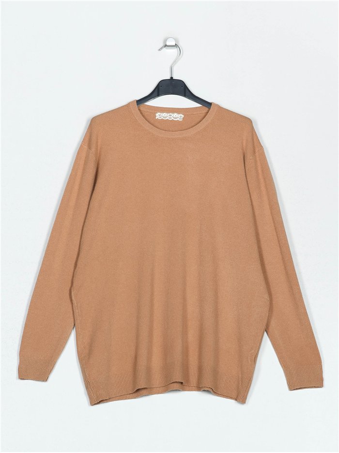 Round neck soft basic sweater camel