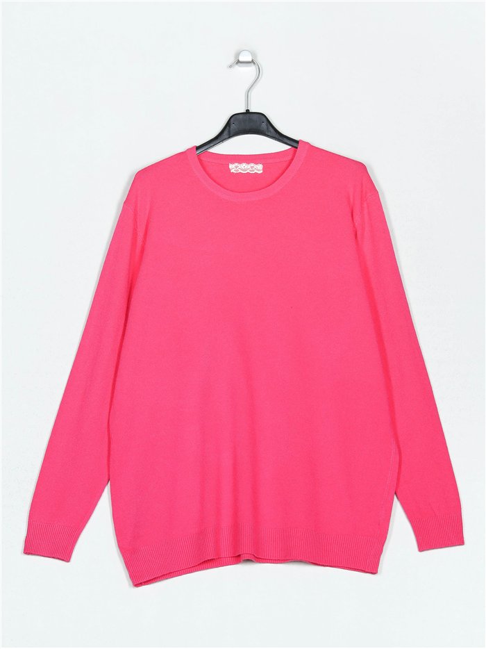 Round neck soft basic sweater fucsia