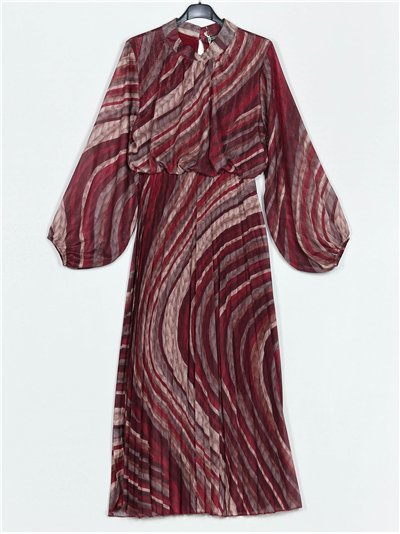 Pleated dress with puff sleeves vino