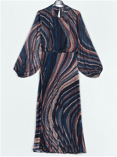 Pleated dress with puff sleeves azul-marino