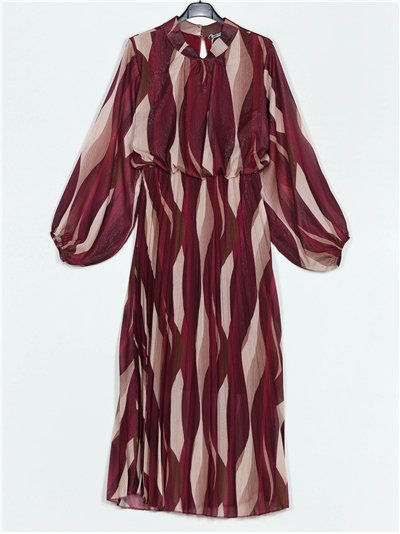 Pleated dress with puff sleeves vino