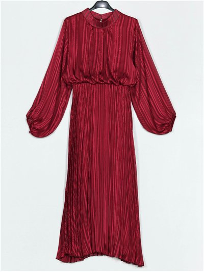 Pleated dress with puff sleeves vino