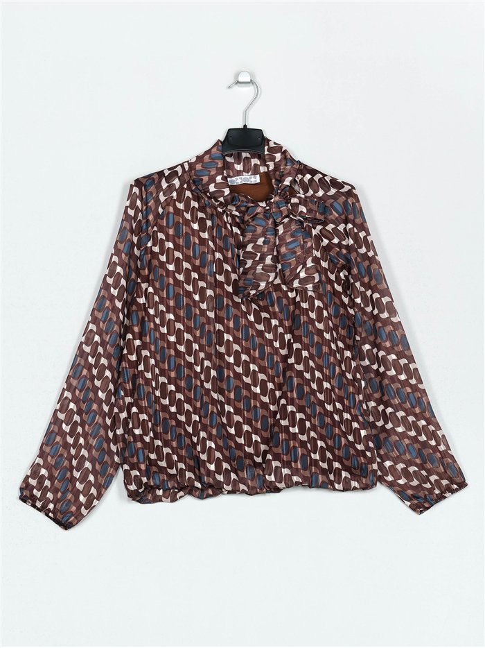 Blusa estampada gasa lazo marron