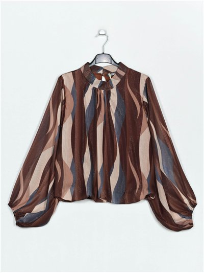 Printed blouse with puff sleeves marron