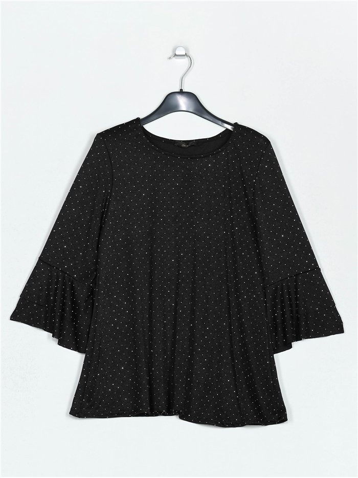 Blusa fiesta strass manga volantes negro