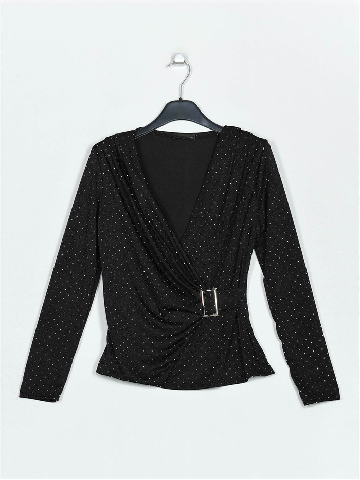 Gathered blouse with rhinestone negro