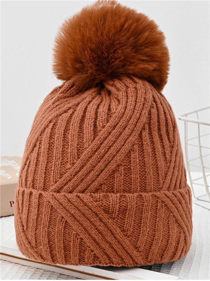 Turn-up knit beanie with pompom assorted colors