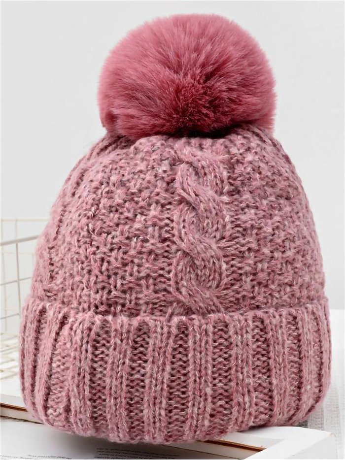 Textured cable knit beanie with pompom assorted colors