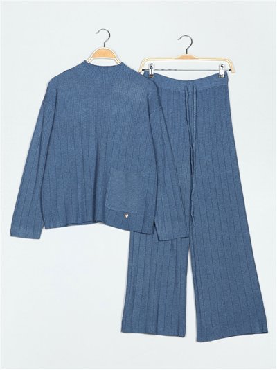 Conjunto Jersey canalé + Pantalón azul-vaquero