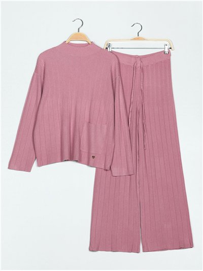 Conjunto Jersey canalé + Pantalón rosa-palo