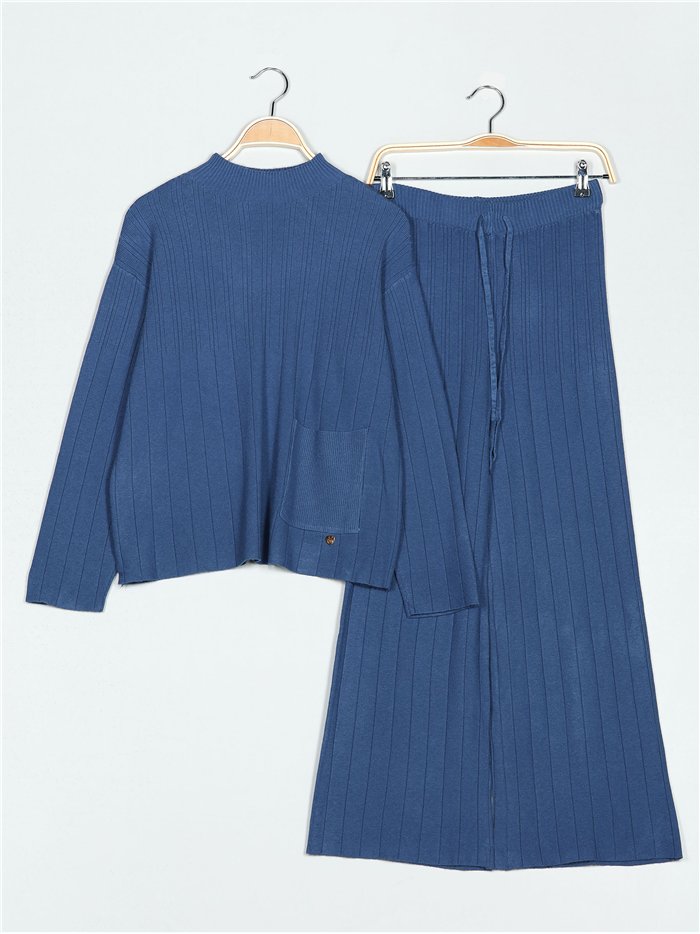 Co-Ord ribbed knit sweater + trousers azul-petroleo