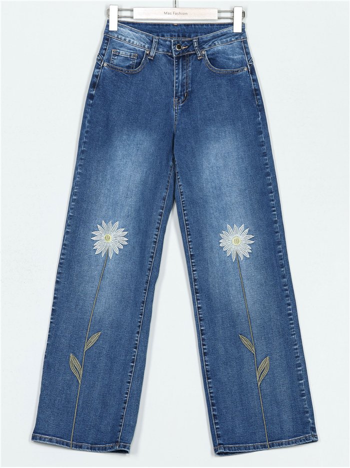 Jeans rectos flores bordadas azul (36-46)