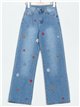 Jeans rectos florecitas bordadas azul (S-XXL)