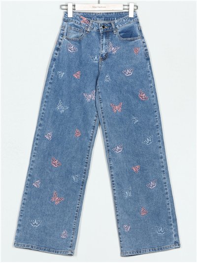 Jeans rectos mariposas bordadas azul (S-XXL)