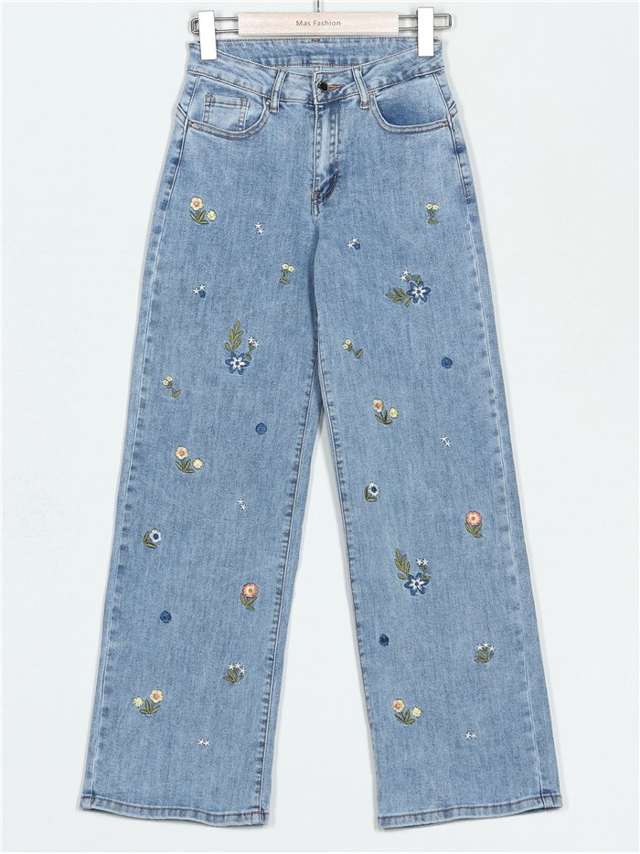 Jeans rectos florecitas bordadas azul (S-XXL)