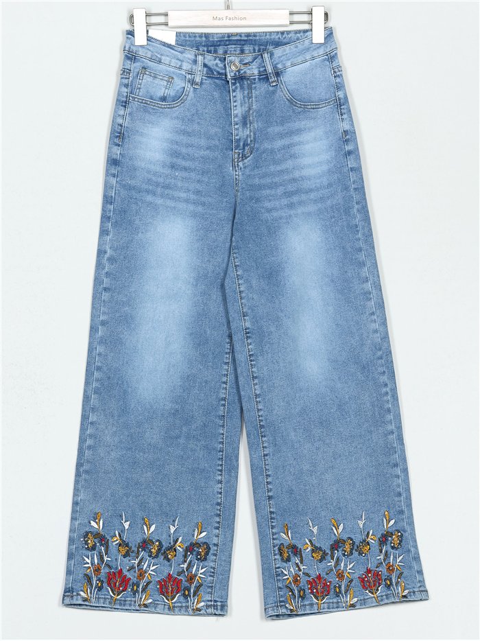 Jeans rectos bordado lentejuelas azul (S-XXL)