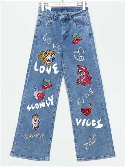 Jeans rectos bordados azul (S-M-L-XL)