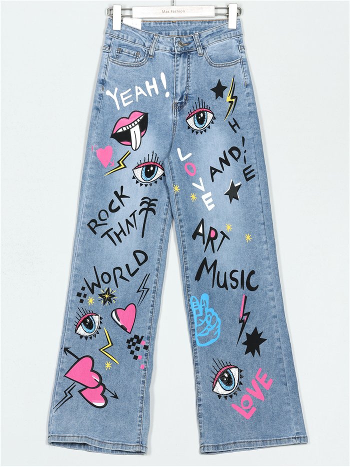 Jeans rectos estampado strass azul (S-M-L-XL)