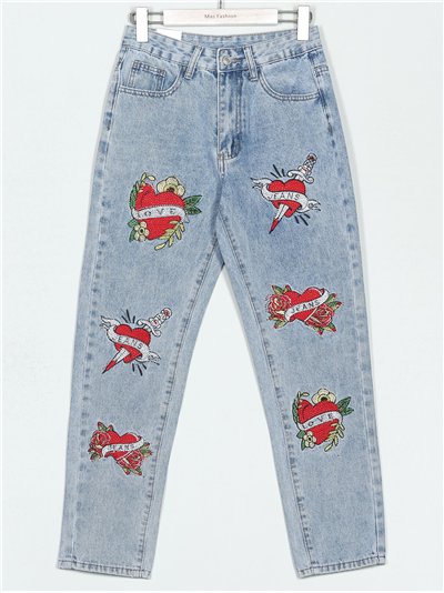 Jeans bordados corazones azul (S-M-L-XL)