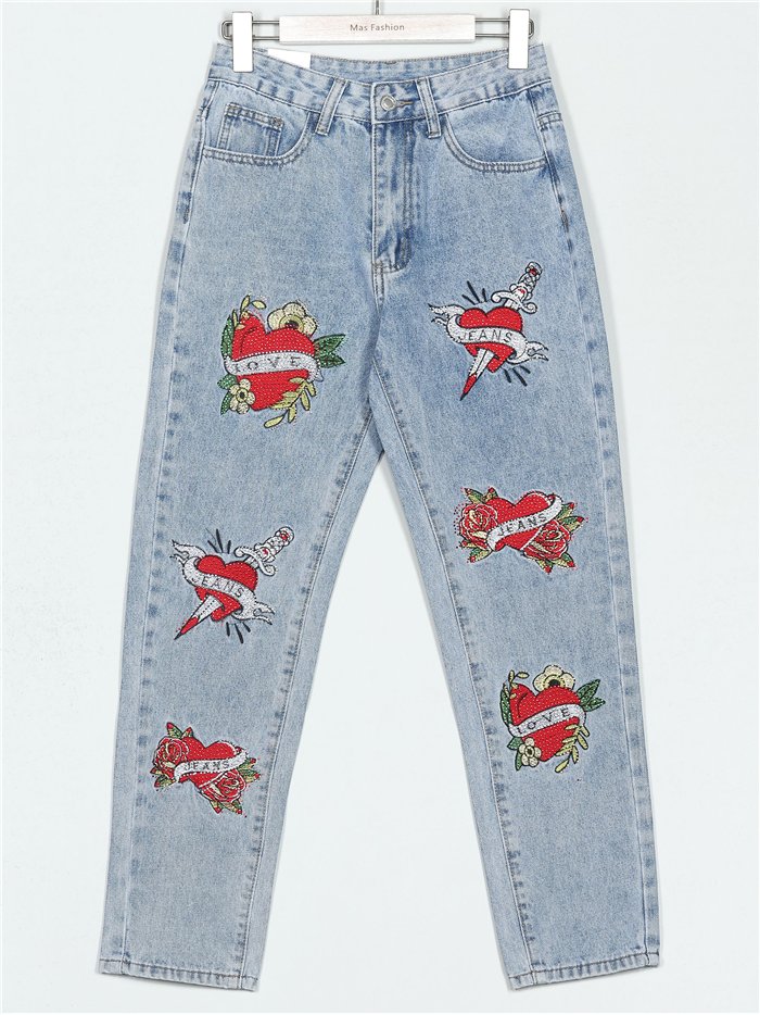 Jeans bordados corazones azul (S-M-L-XL)