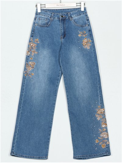 Jeans rectos floral strass azul (36-46)