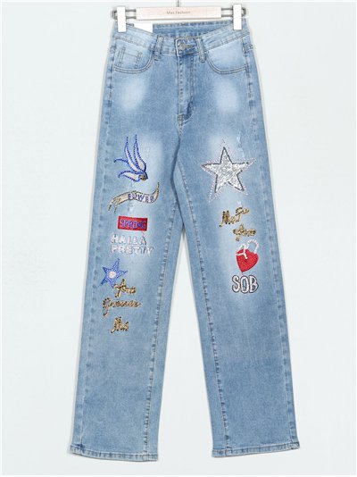 Jeans bordado aplicaciones azul (S-M-L-XL)