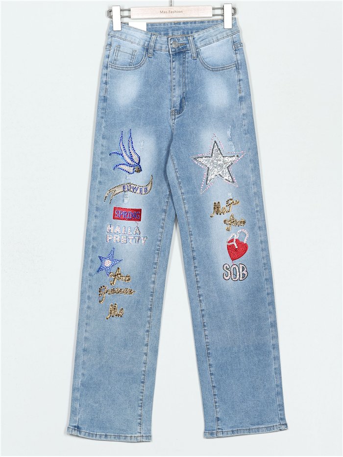 Jeans bordado aplicaciones azul (S-M-L-XL)