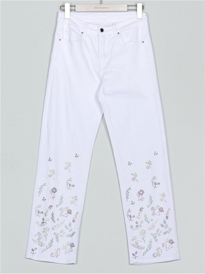 Jeans flores strass blanco (36-46)