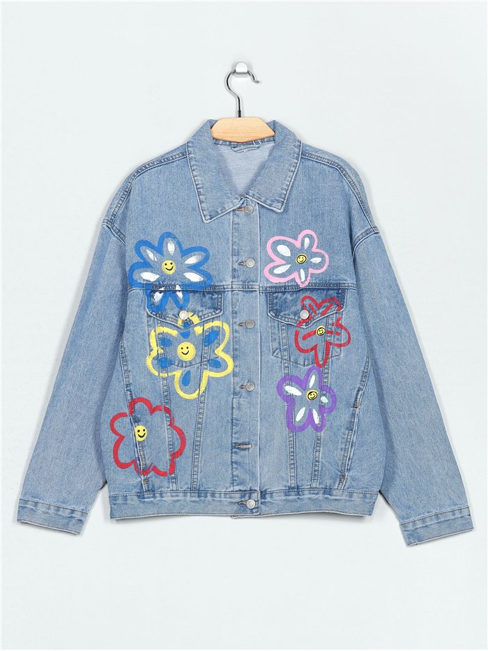 Oversized denim jacket with flowers blue (S-M-L)