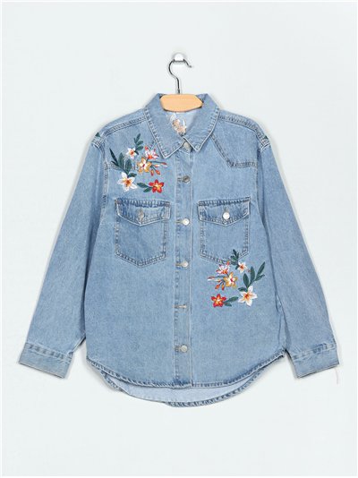 Sobrecamisa denim bordada flores azul (S-M-L)