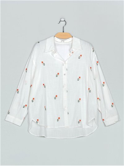 Camisa florecitas efecto lino blanco (M-L-XL-XXL)