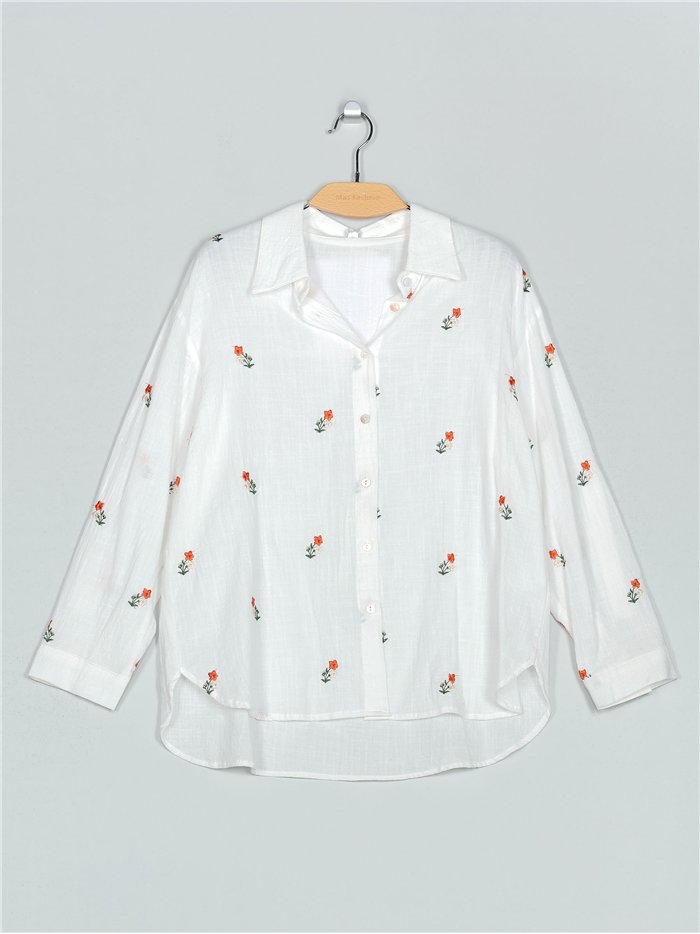 Camisa florecitas efecto lino blanco (M-L-XL-XXL)