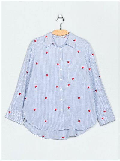 Camisa rayas corazoncitos bordados azul (M-L-XL-XXL)