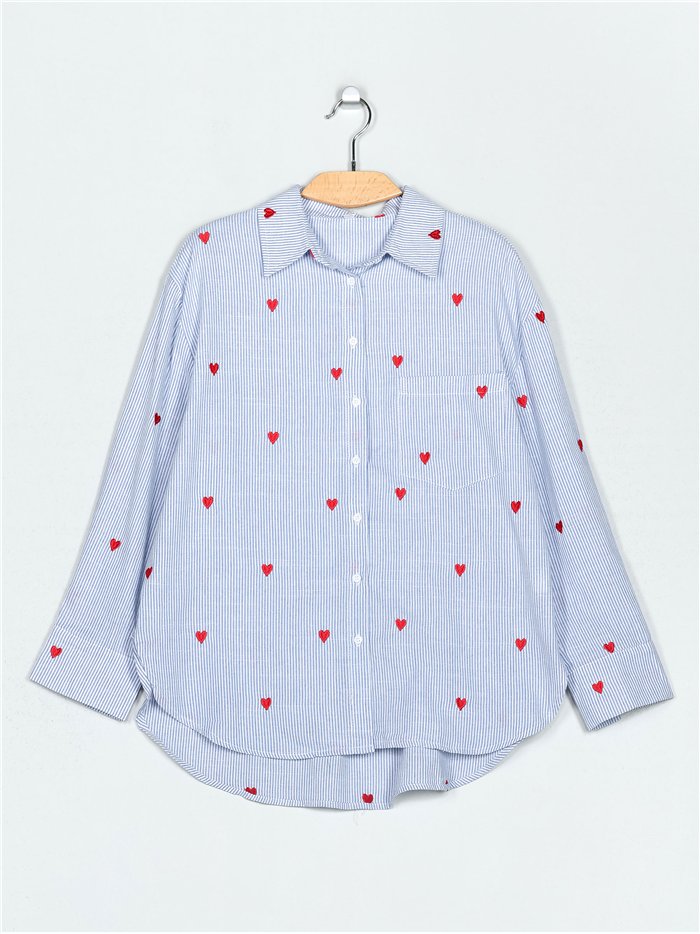 Camisa rayas corazoncitos bordados azul (M-L-XL-XXL)