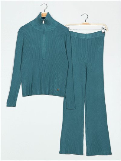 Conjunto Jersey canalé cuello cremallera + Pantalón teal