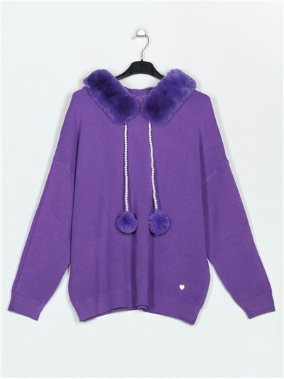 Oversized sweater with pompom morado