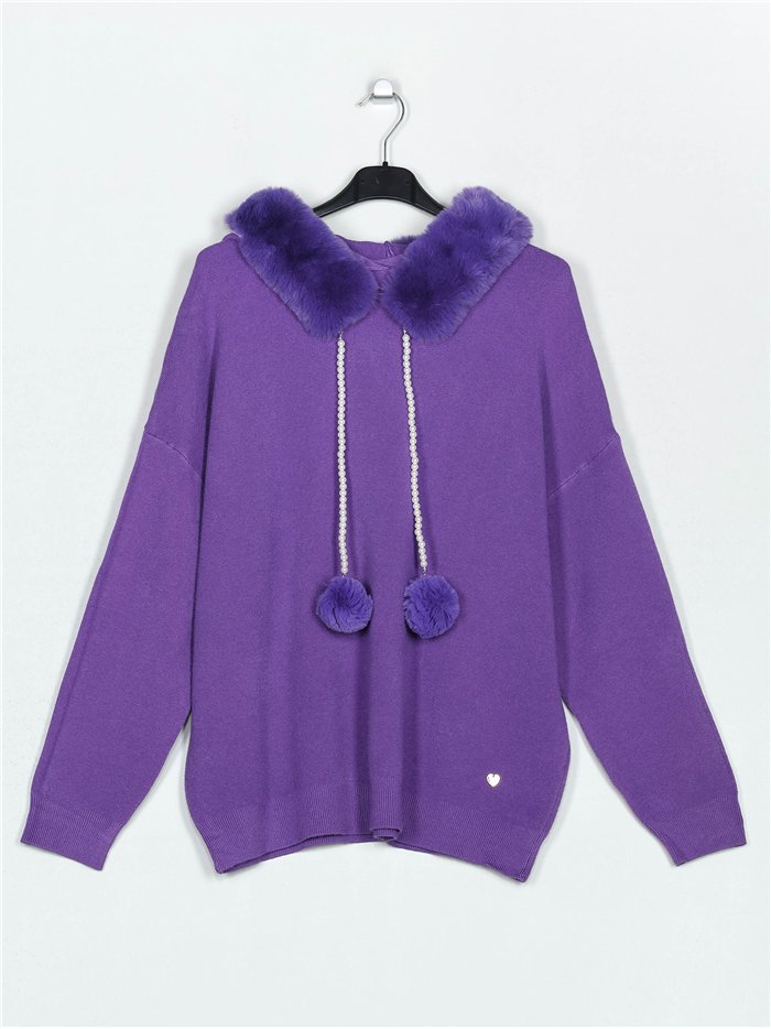 Oversized sweater with pompom morado