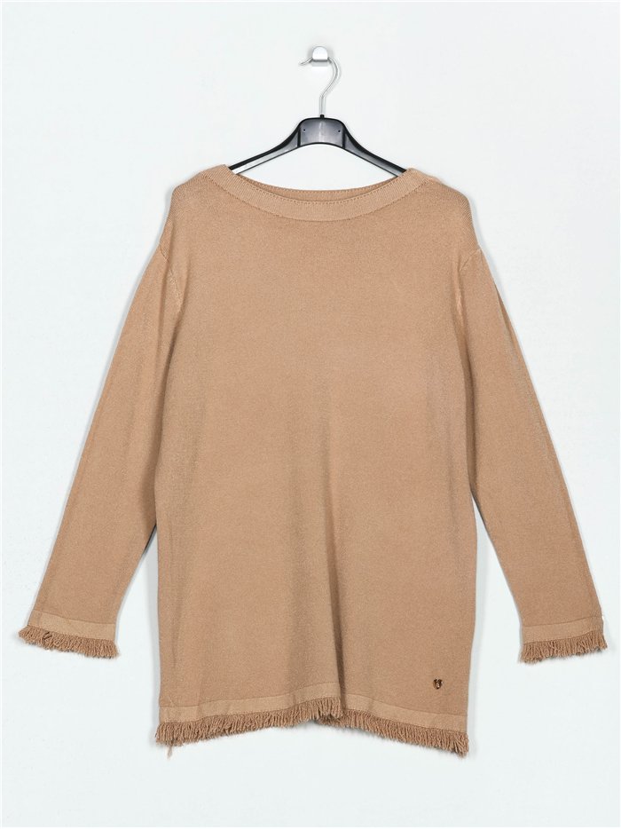 Frayed edge knitted sweater camel