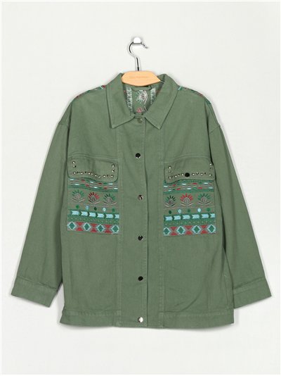 Cazadora denim bordada flecos verde-militar (S-XL)