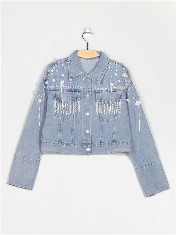 Denim jacket with pearl beads azul (S-M-L)