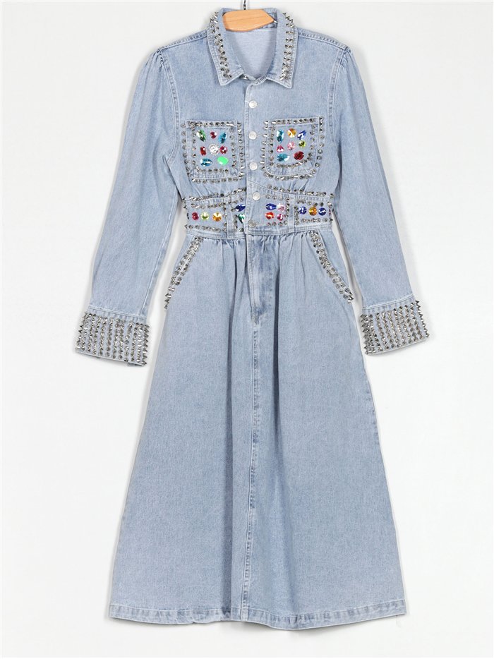 Studded denim dress with rhinestone azul (S-M-L-XL)