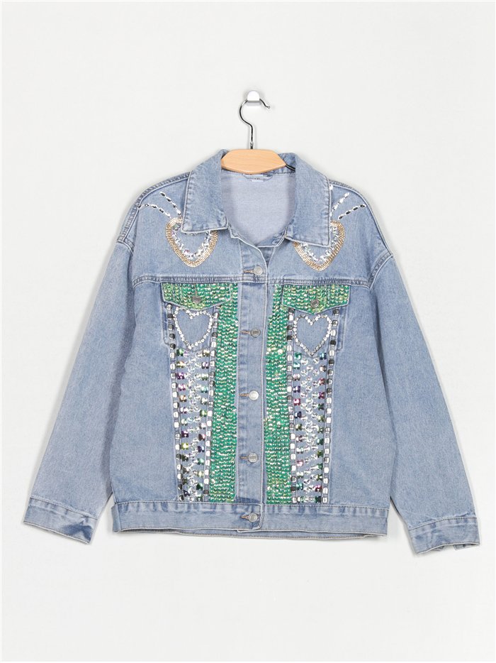 Oversized denim jacket with rhinestone azul (S-M-L)