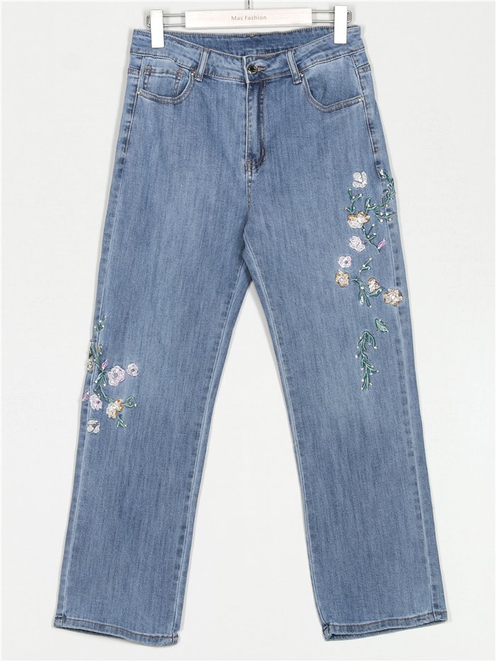 Jeans flores bordadas tiro alto azul (40-52)