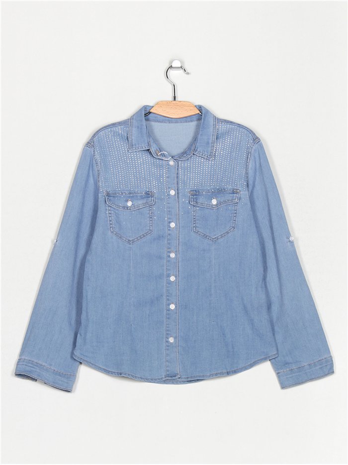 Denim shirt with rhinestone azul (S-XXL)