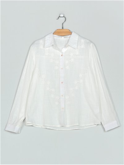 Camisa calada efecto lino blanco (S-M-L-XL)