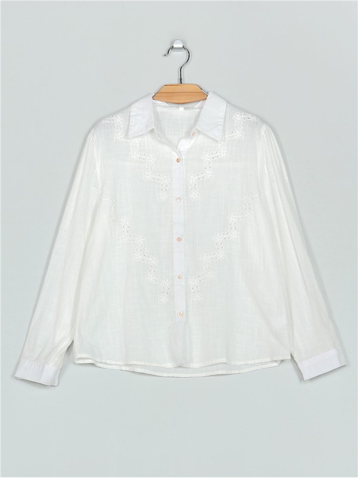 Camisa calada efecto lino blanco (S-M-L-XL)