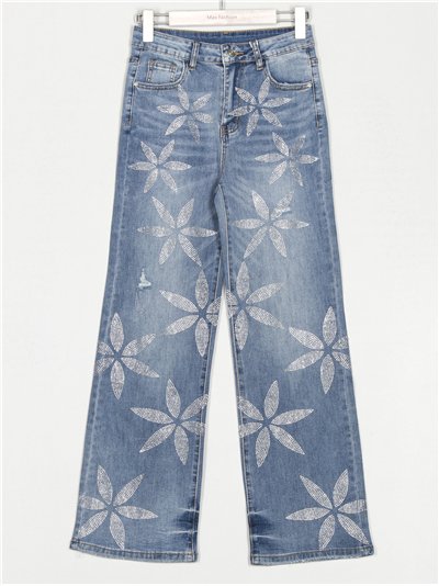 Jeans rectos flore strass azul (XS-S-M-L)