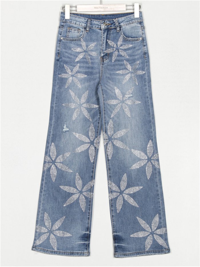 Flowers straight jeans with rhinestone azul (XS-S-M-L)