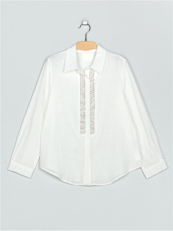 Camisa efecto lino abalorios blanco (M-L-XL-XXL)