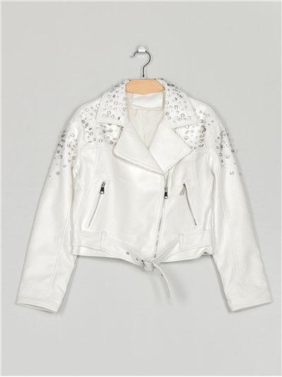 Faux leather biker jacket with rhinestone white (S-XL)